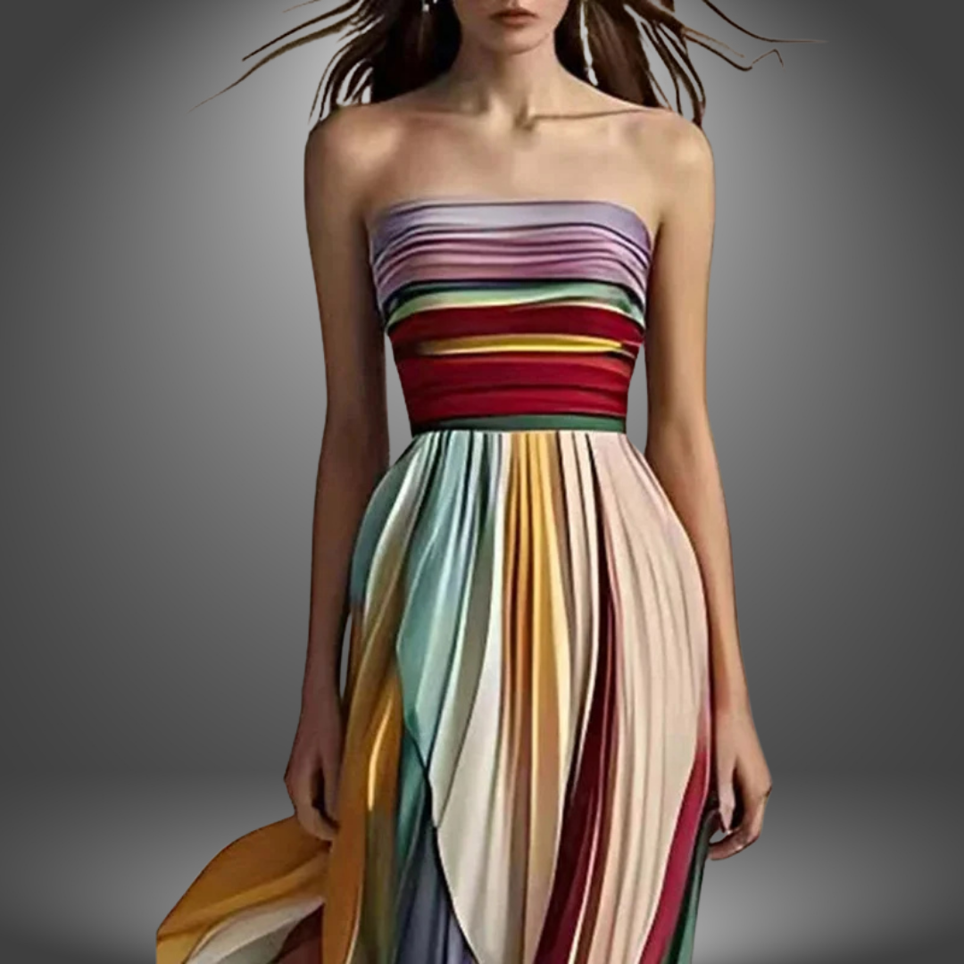 Asia | Vestido largo sin tirantes, colorido y plisado