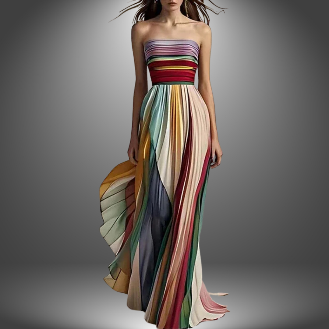 Asia | Vestido largo sin tirantes, colorido y plisado