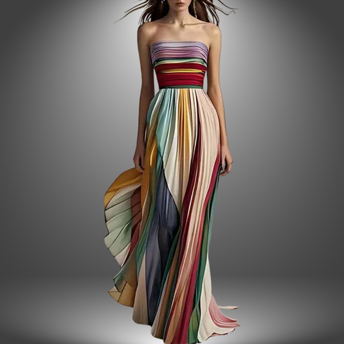 Asia | Vestido largo sin tirantes, colorido y plisado